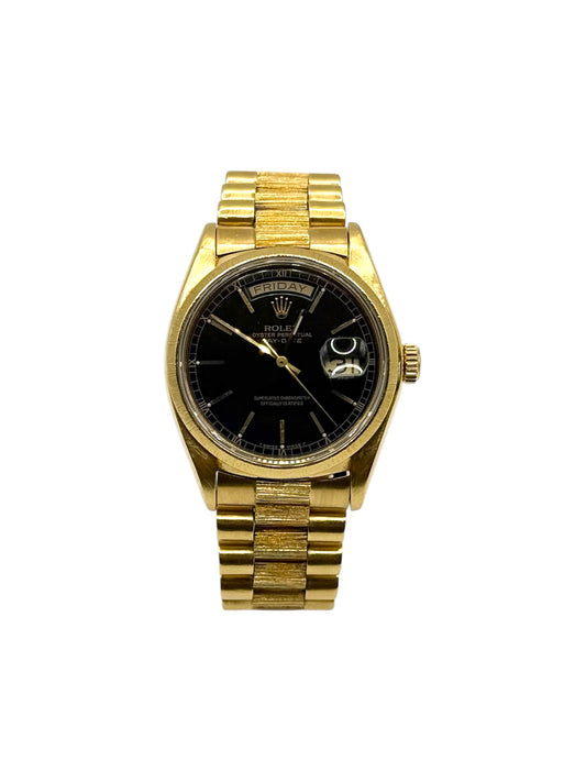 Rolex President Day-Date 18038 - 36mm, Yellow Gold, Bark Finish, Black Dial Watch (1980)