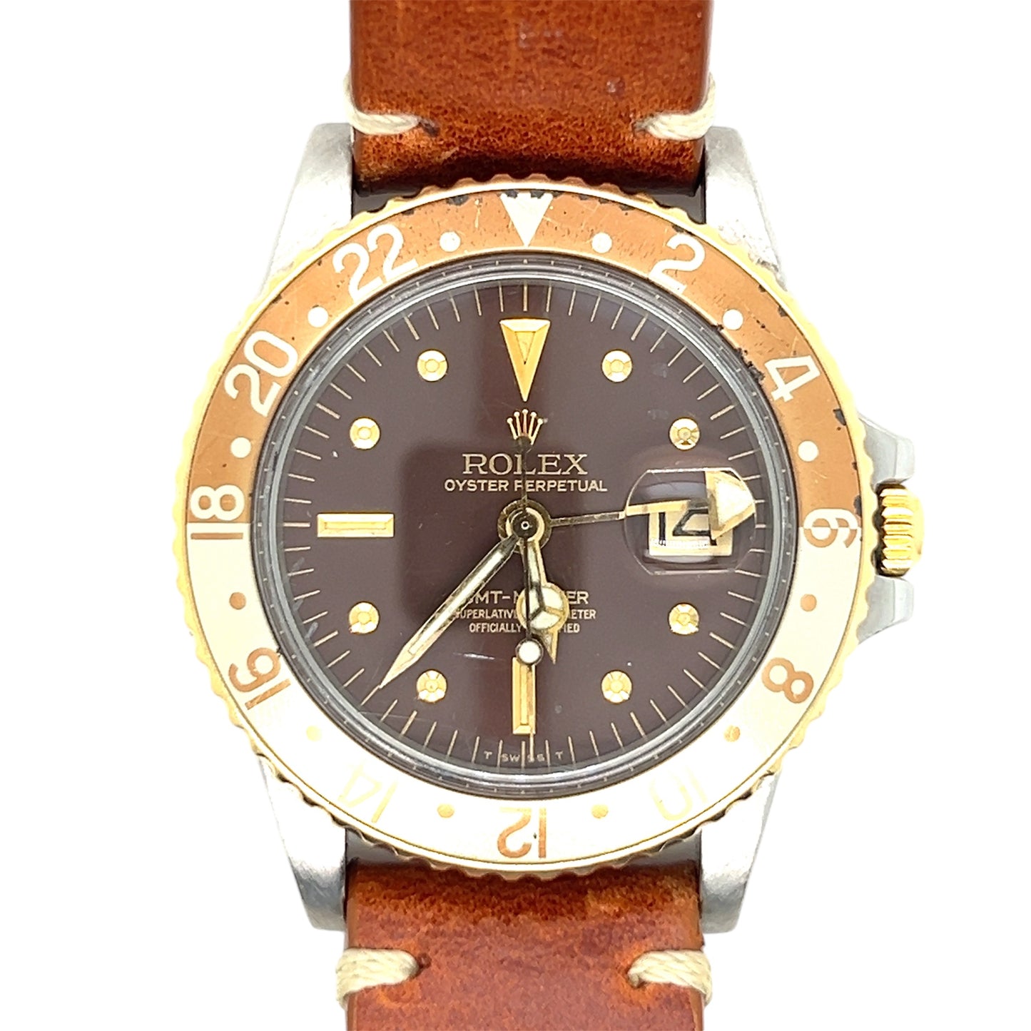 Rolex GMT-Master 1675 - 40mm Vintage Brown Root Beer Dial, Stainless Steel & Yellow Gold, Nipple Dial, Custom Leather Band (1975)