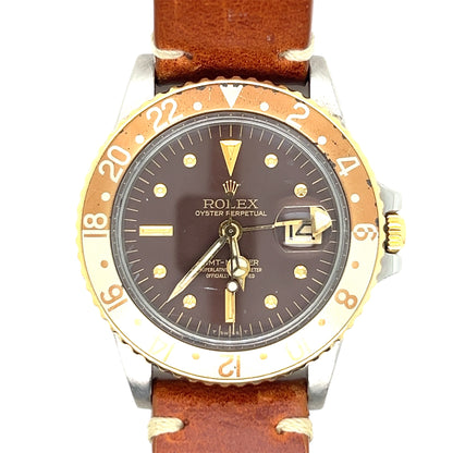 Rolex GMT-Master 1675 - 40mm Vintage Brown Root Beer Dial, Stainless Steel & Yellow Gold, Nipple Dial, Custom Leather Band (1975)