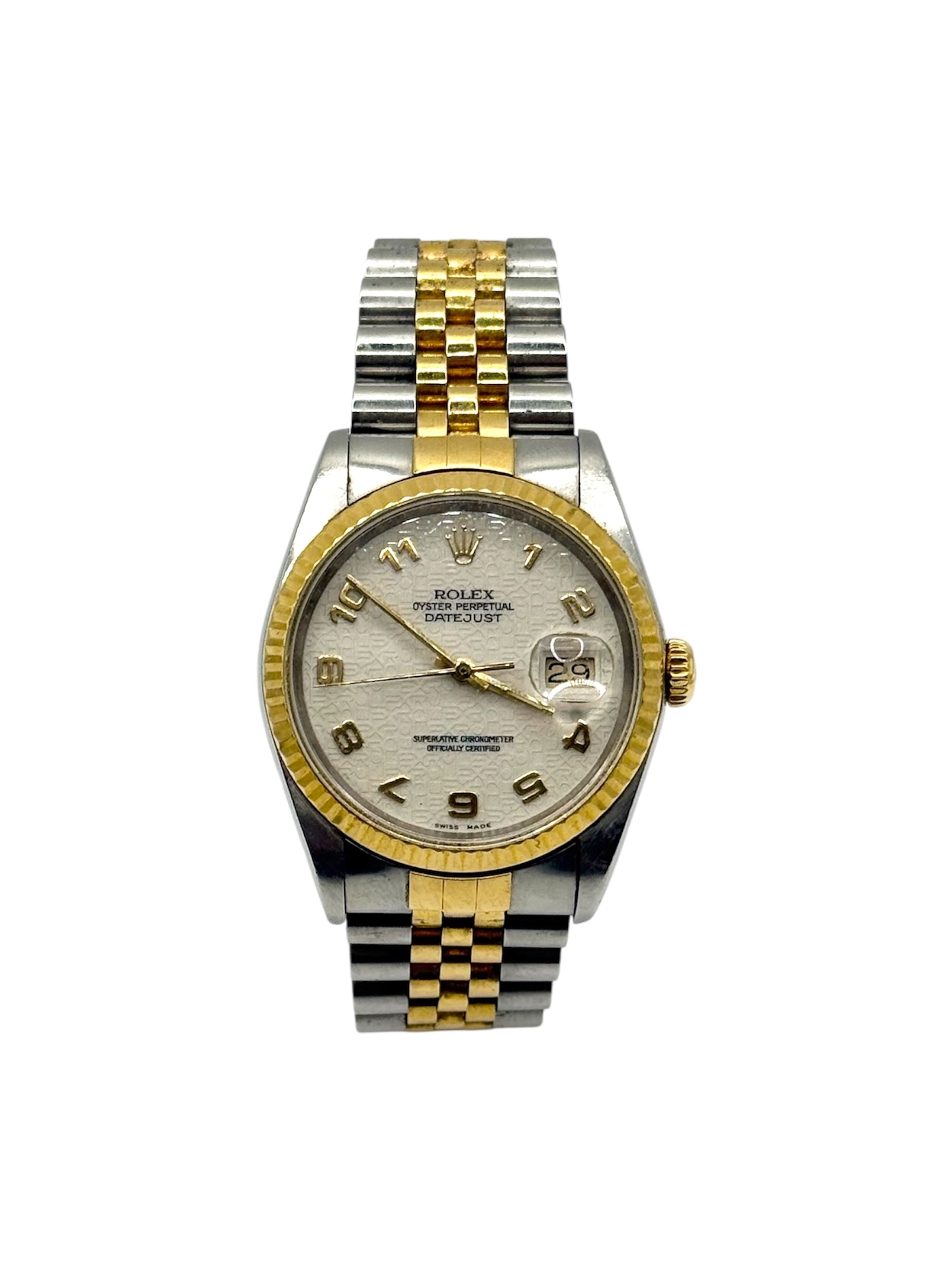Rolex Datejust 16233 two tone 36mm white anniversary Arabic dial fluted bezel Jubilee bracelet 1995