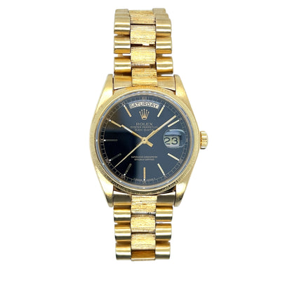 Rolex President Day-Date 18038 - 36mm, Yellow Gold, Bark Finish, Black Dial Watch (1980)