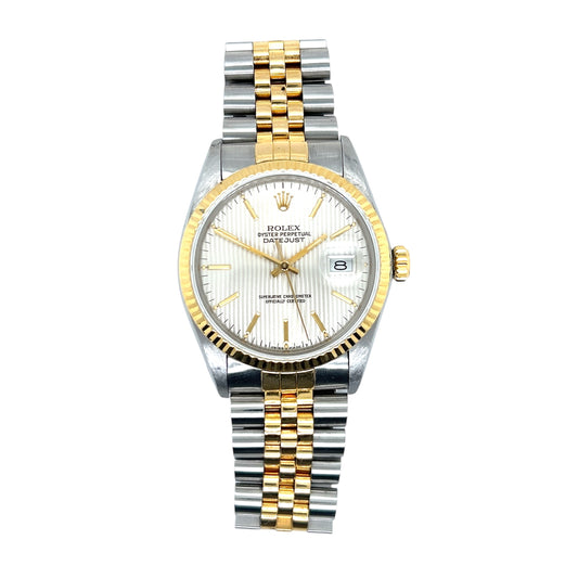 Rolex Datejust 16013 - 36mm, Steel & 18k Gold, Fluted Bezel, Silver Tapestry Dial, Jubilee Band (1985)