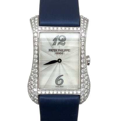 Patek Philippe Gondolo Serata 4972G-001 White Gold Diamond Bezel & Lugs, Mother of Pearl Dial, Blue Satin Strap