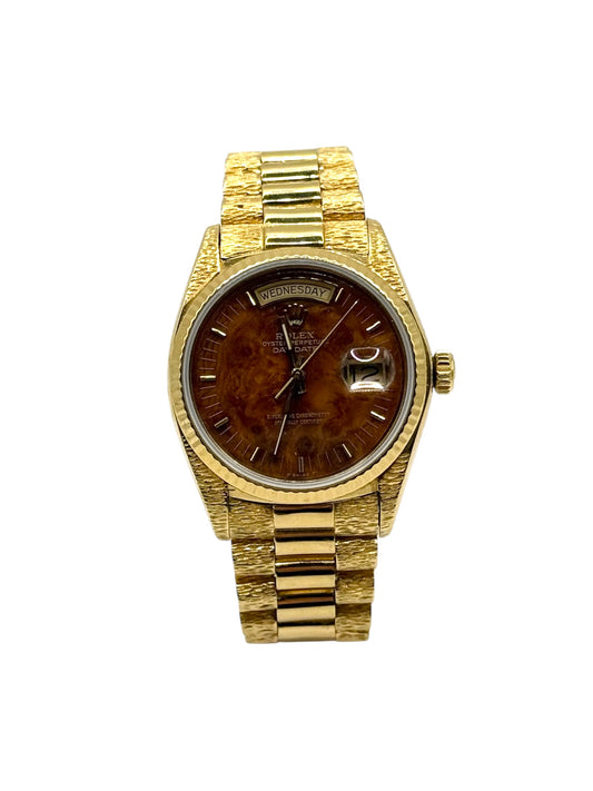 Rolex Day-Date 18038 President 36mm yellow gold with wood dial and double bark finish, 1980 vintage luxury watch