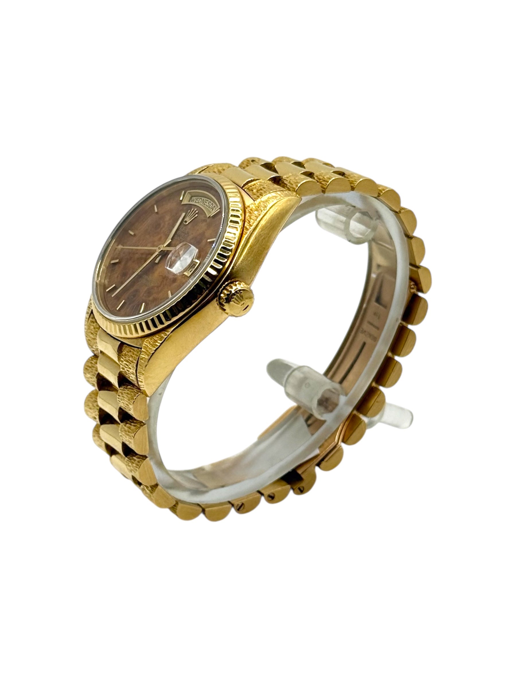 Rolex Day-Date 18038 President 36mm yellow gold with wood dial and double bark finish, 1980 vintage luxury watch