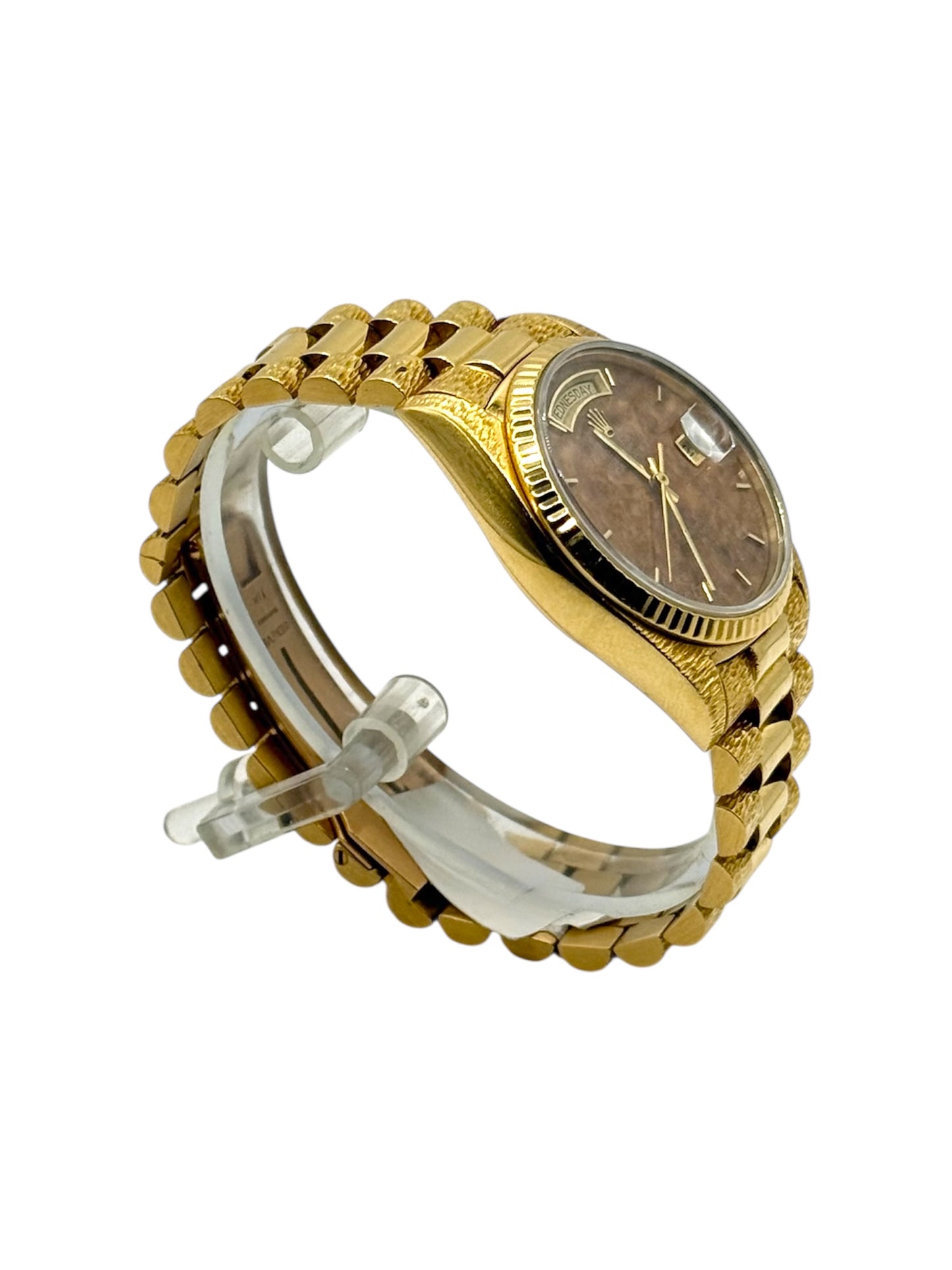 Rolex Day-Date 18038 President 36mm yellow gold with wood dial and double bark finish, 1980 vintage luxury watch