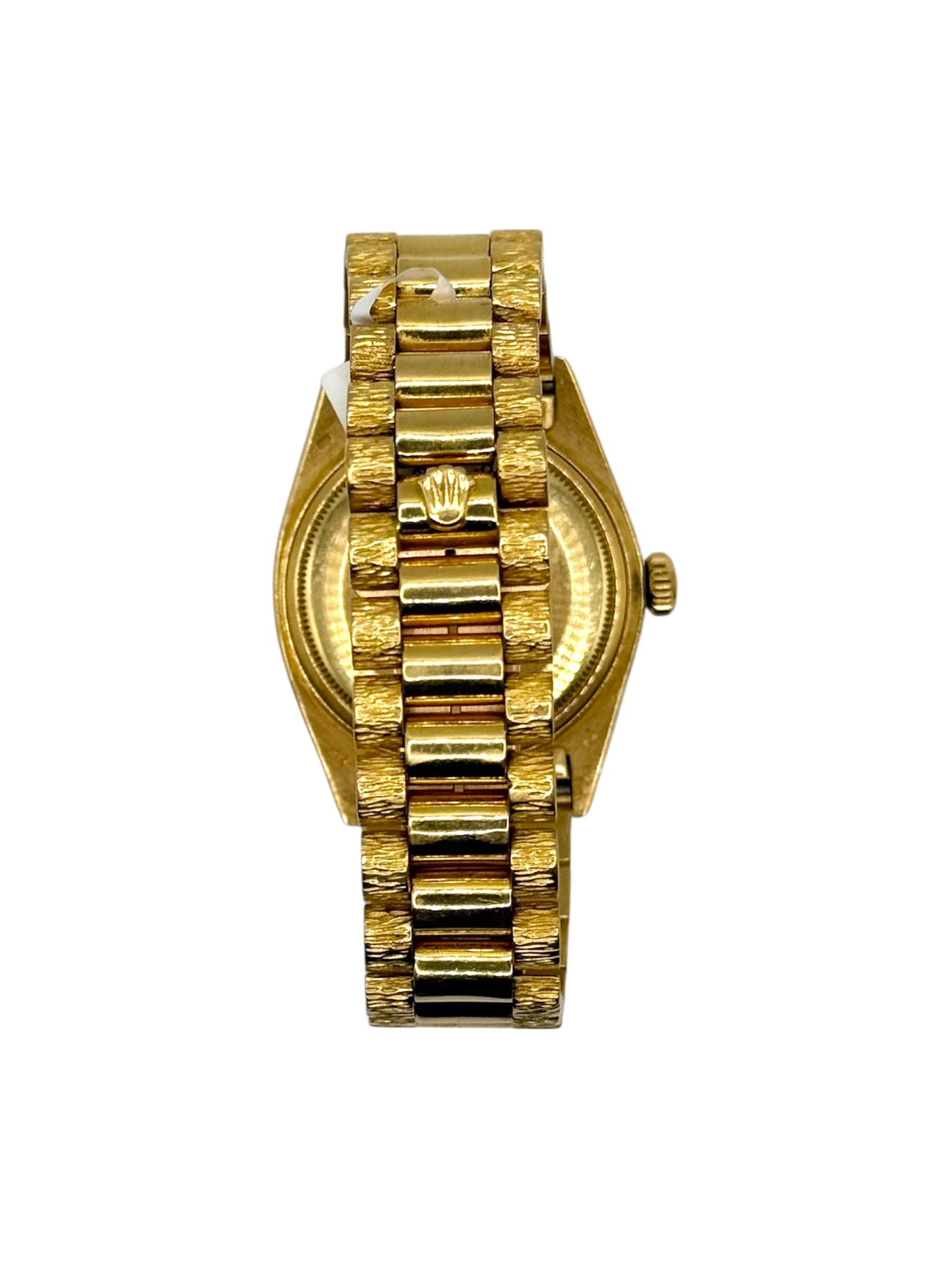 Rolex Day-Date 18038 President 36mm yellow gold with wood dial and double bark finish, 1980 vintage luxury watch