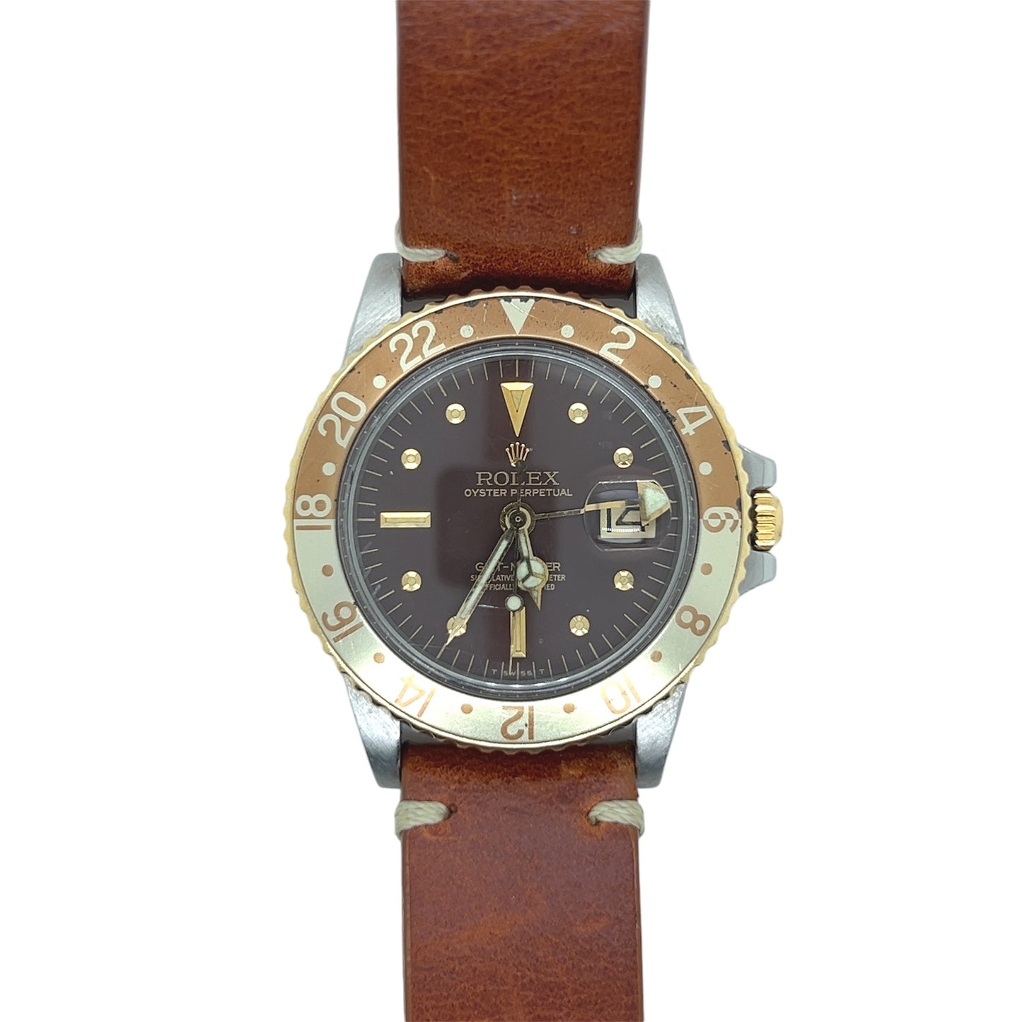 Rolex GMT-Master 1675 - 40mm Vintage Brown Root Beer Dial, Stainless Steel & Yellow Gold, Nipple Dial, Custom Leather Band (1975)