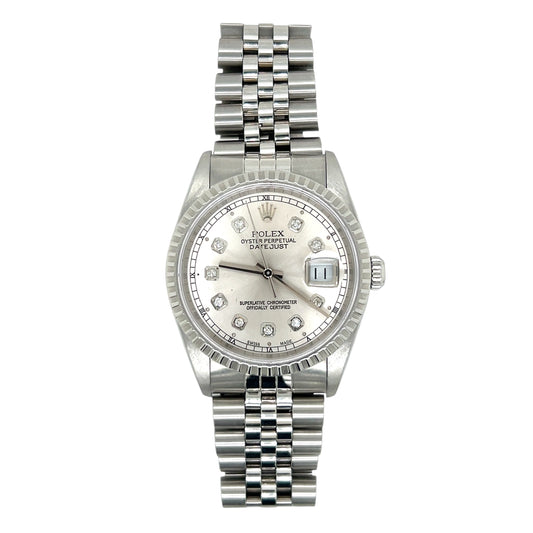 Rolex Datejust 36 Ref. 16220 – Custom Diamond Silver Dial, 18k Fluted Bezel