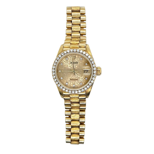 Ladies Rolex President - Gold Diamond Jubilee Dial, Custom Diamond Bezel, Bark Finish