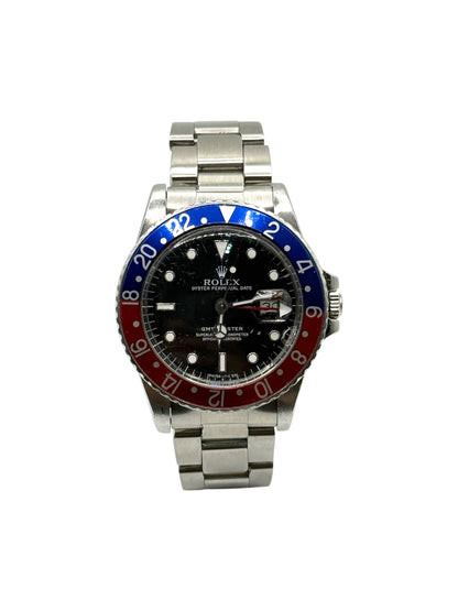 Rolex GMT Master 16700 Pepsi black dial 40mm stainless steel leather strap 1984 vintage watch