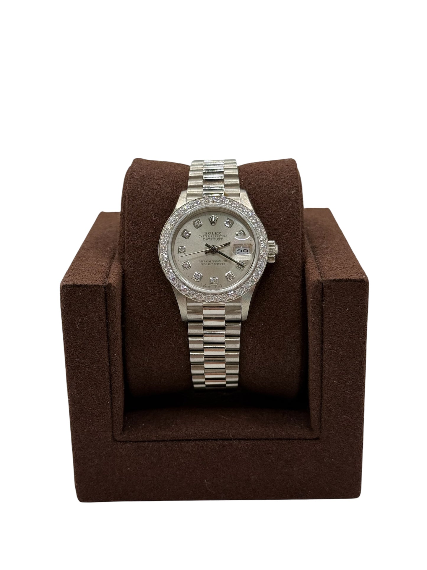 Rolex Ladies Datejust President 79179 - 26mm White Gold, Custom Silver Diamond Dial, Custom Diamond Bezel (K Serial, 2001)