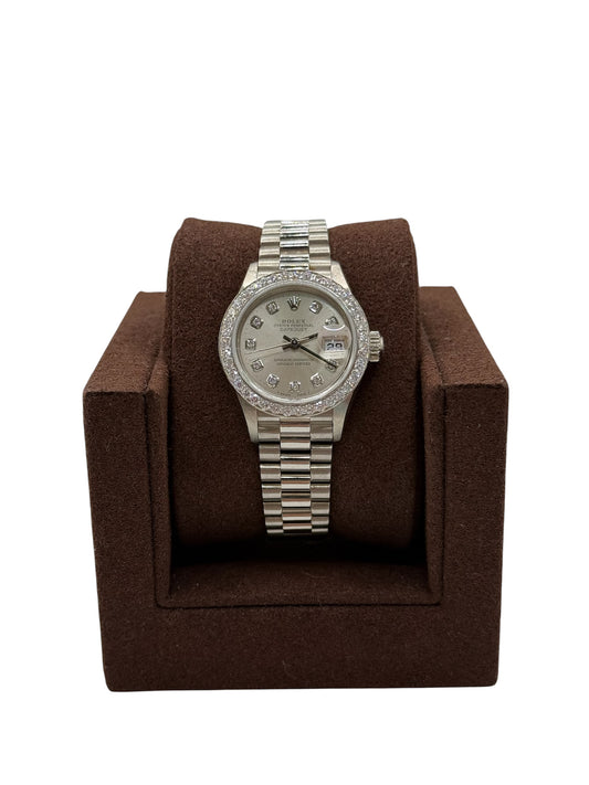 Rolex Ladies Datejust President 79179 - 26mm White Gold, Custom Silver Diamond Dial, Custom Diamond Bezel (K Serial, 2001)