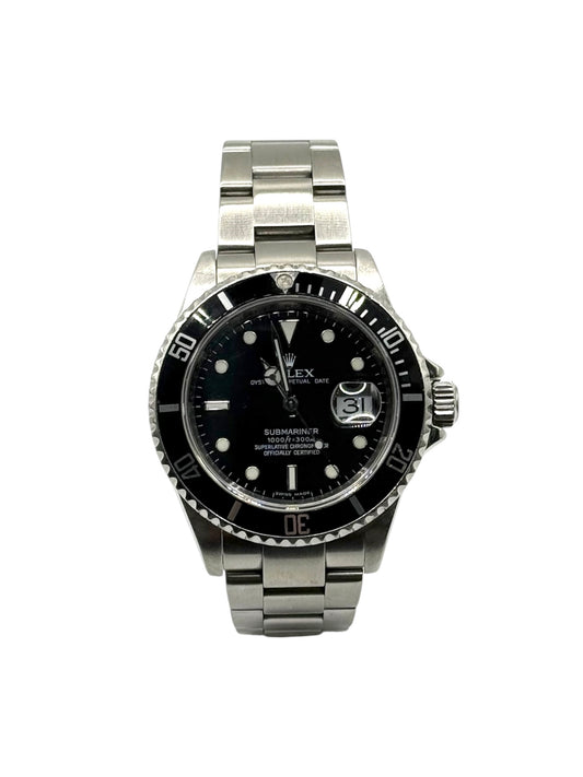 Rolex submariner date watch with black dial and stainless steel metal bracelet on a white background