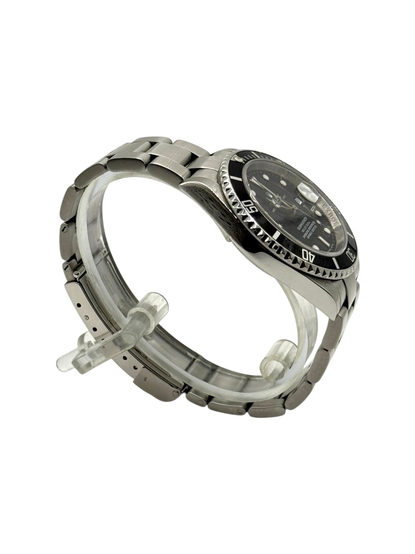 Rolex submariner date watch with black dial and stainless steel metal bracelet on a white background