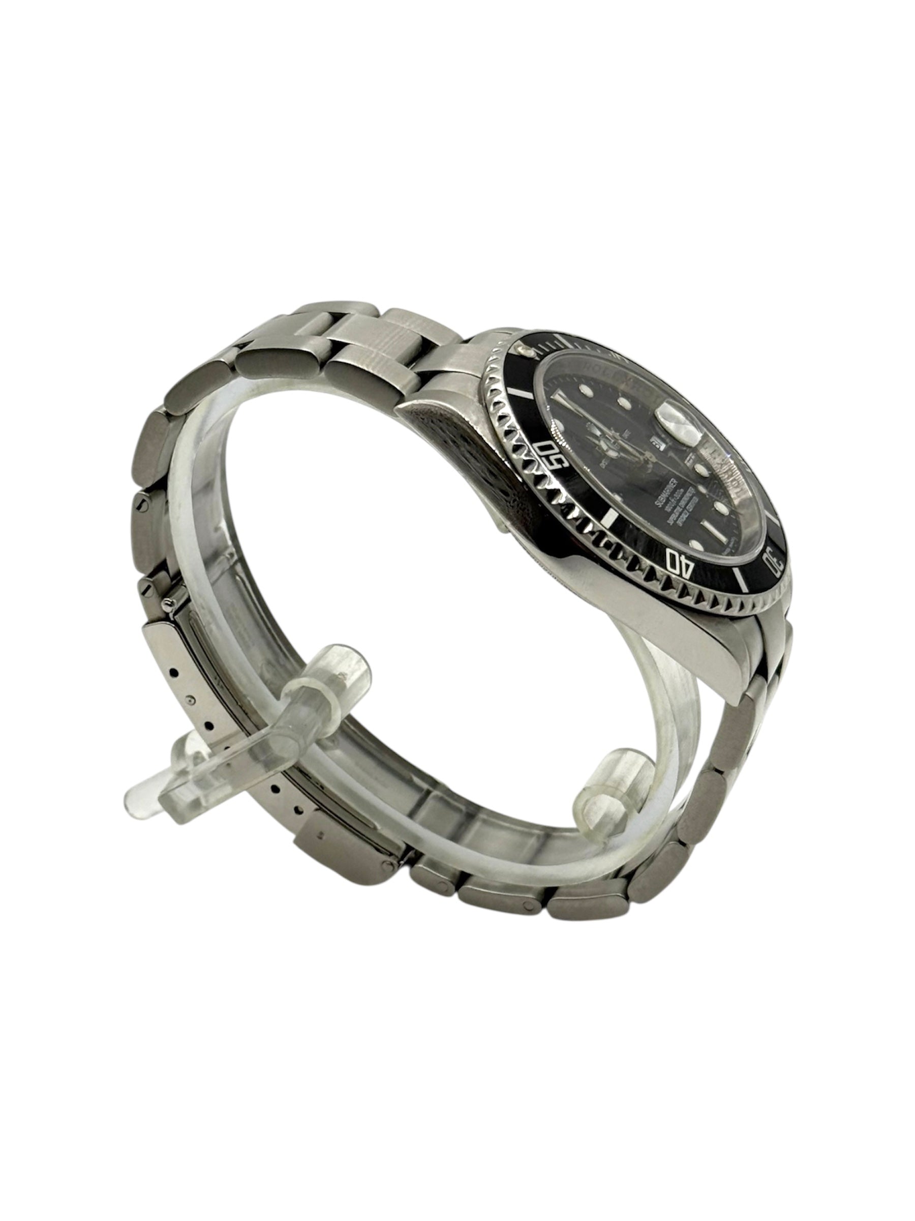 Rolex submariner date watch with black dial and stainless steel metal bracelet on a white background