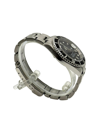 Rolex submariner date watch with black dial and stainless steel metal bracelet on a white background