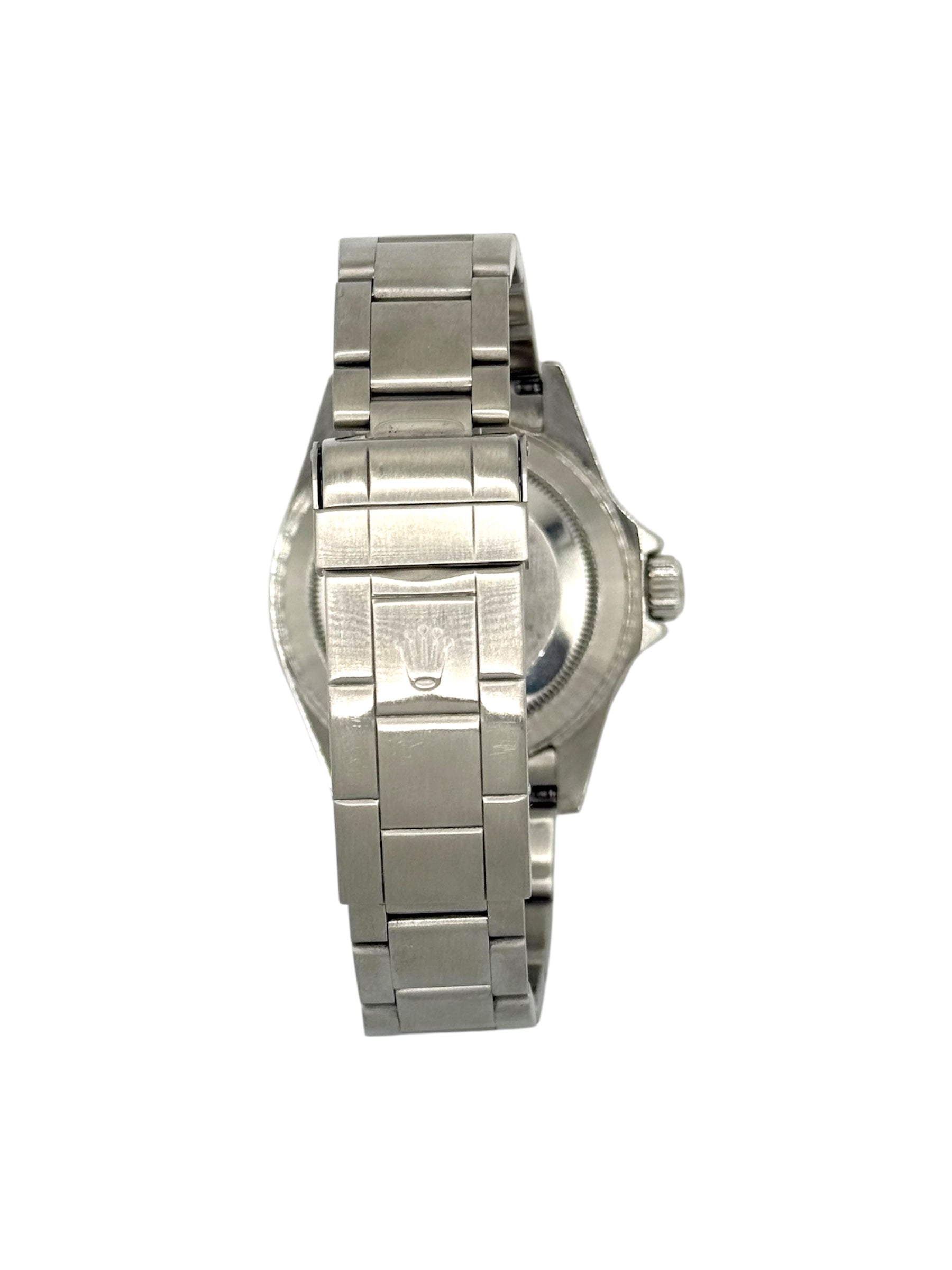 Rolex submariner date watch with black dial and stainless steel metal bracelet on a white background