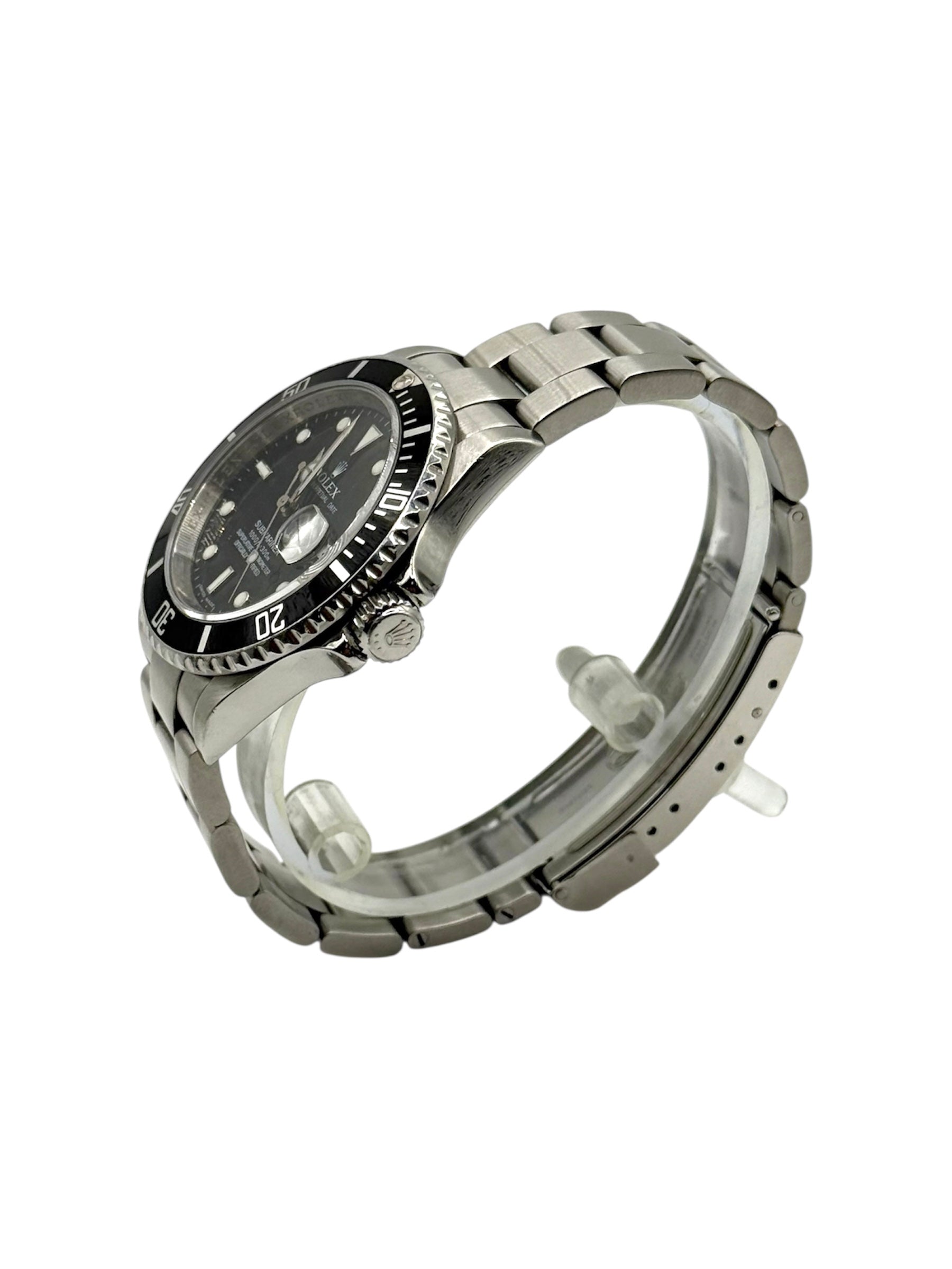 Rolex submariner date watch with black dial and stainless steel metal bracelet on a white background