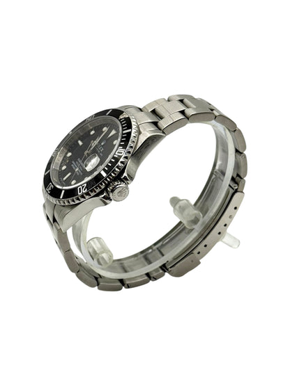 Rolex submariner date watch with black dial and stainless steel metal bracelet on a white background