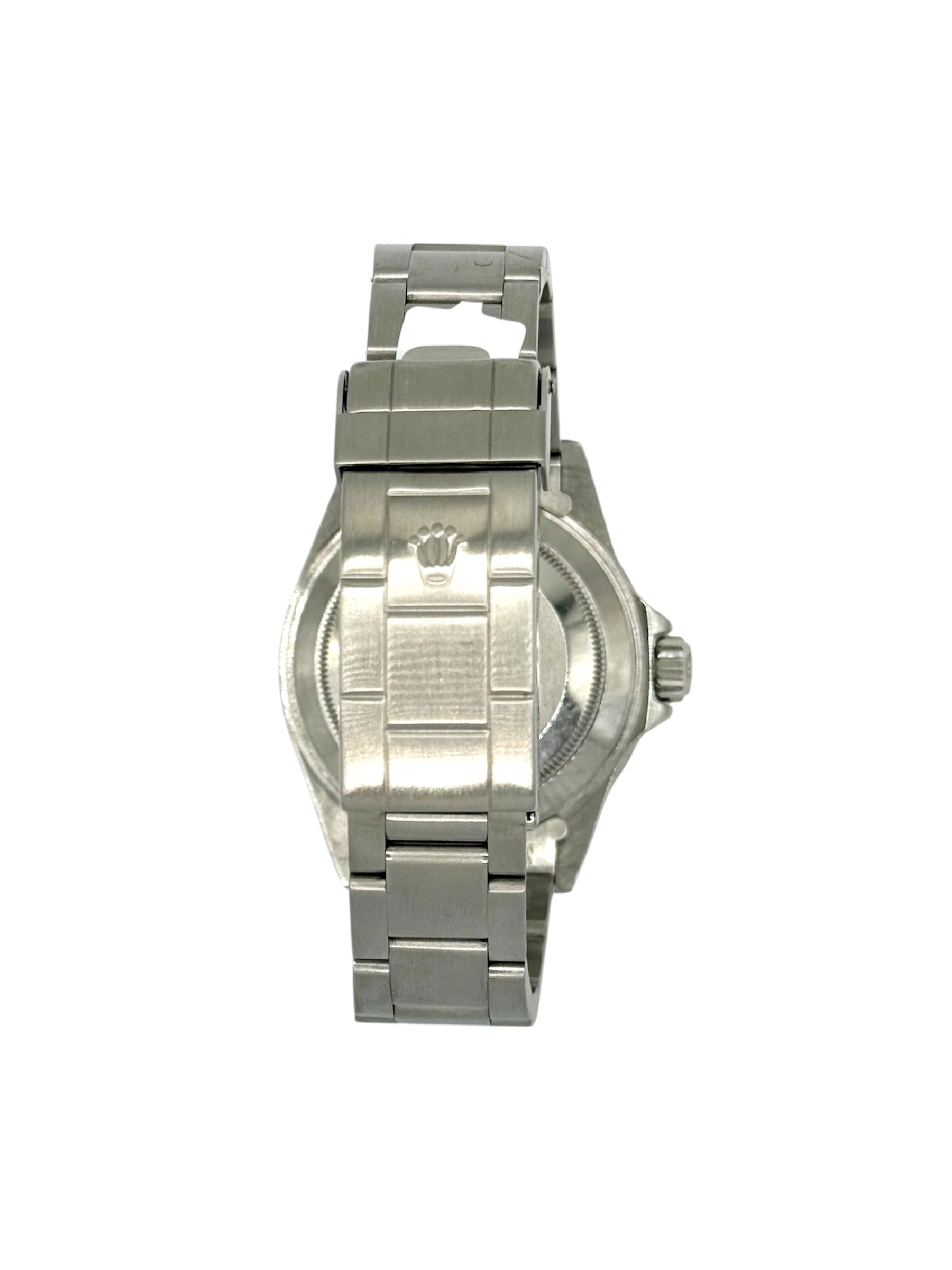 Rolex submariner date watch with black dial and stainless steel metal bracelet on a white background, P-serial
