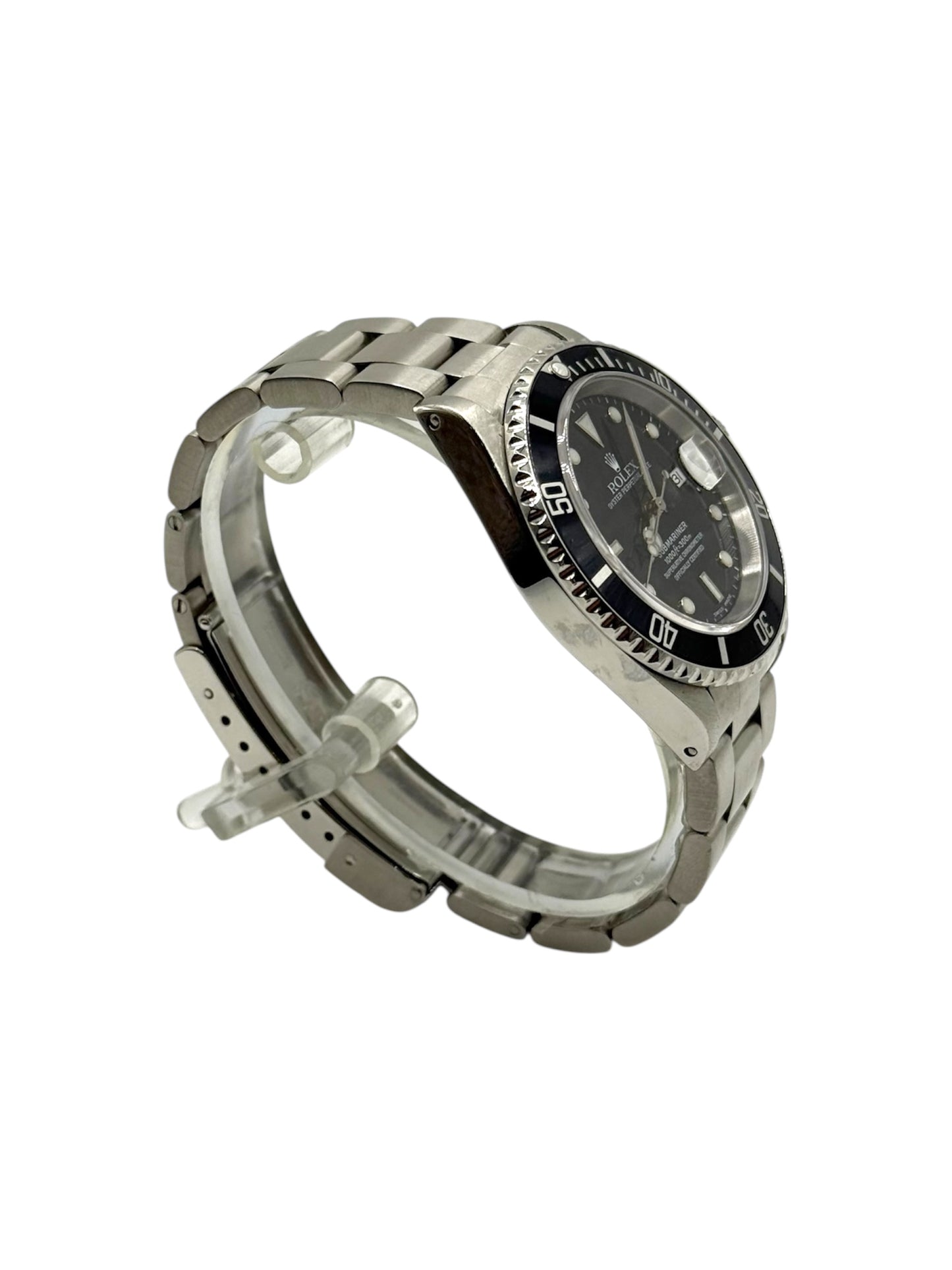 Rolex submariner date watch with black dial and stainless steel metal bracelet on a white background, P-serial