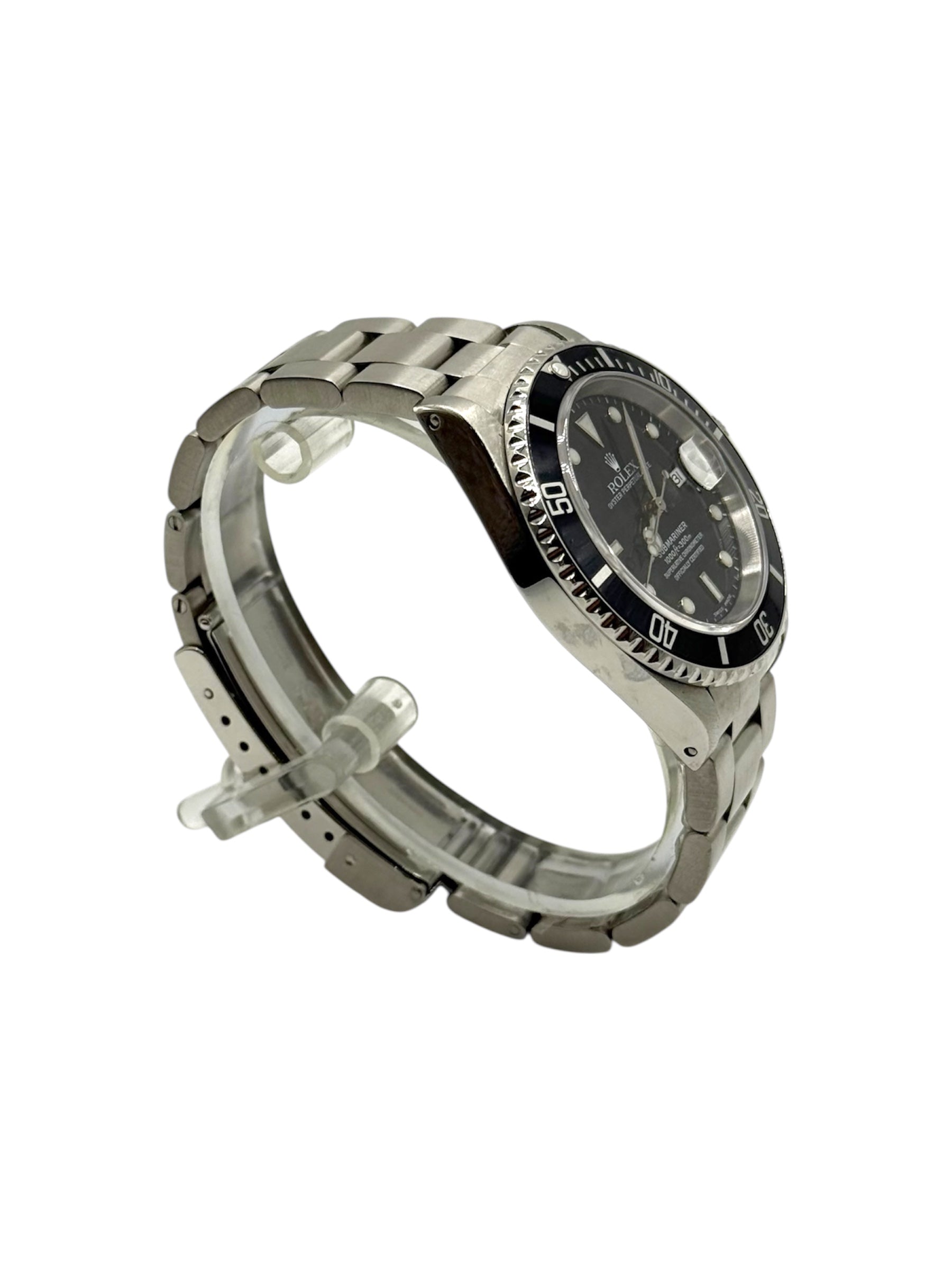 Rolex submariner date watch with black dial and stainless steel metal bracelet on a white background, P-serial