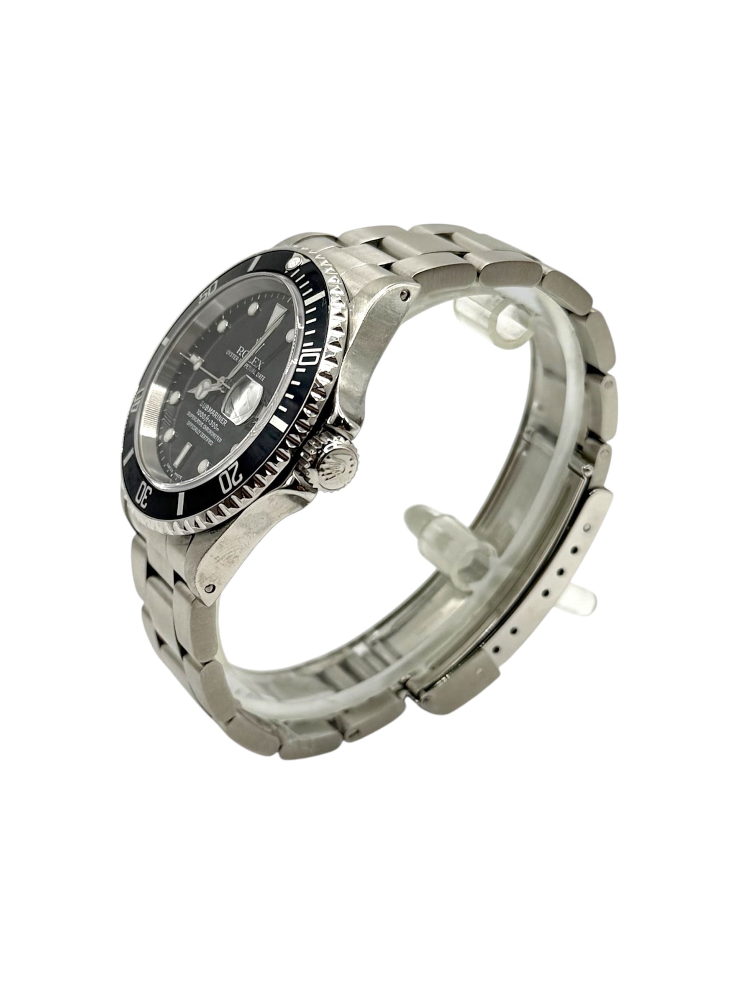Rolex submariner date watch with black dial and stainless steel metal bracelet on a white background, P-serial